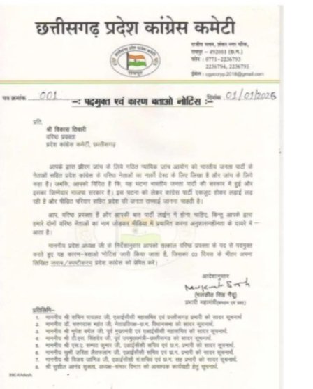 रायपुर:- छत्तीसगढ़ कांग्रेस प्रवक्ता हटाए गए, कारण बताओ नोटिस जारी कर तीन दिन में मांगा गया जवाब