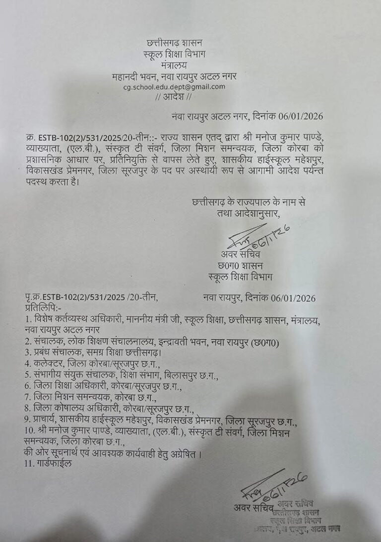 KORBA:-कोरबा के बहुचर्चित जिला मिशन समन्वयक मनोज पांडे हटाए गए।