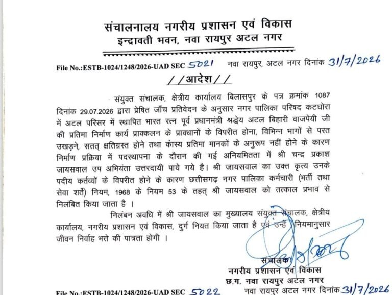 KORBA:-कटघोरा में अटल प्रतिमा निर्माण में अनियमितता पर बड़ी कार्रवाई, उप अभियंता निलंबित