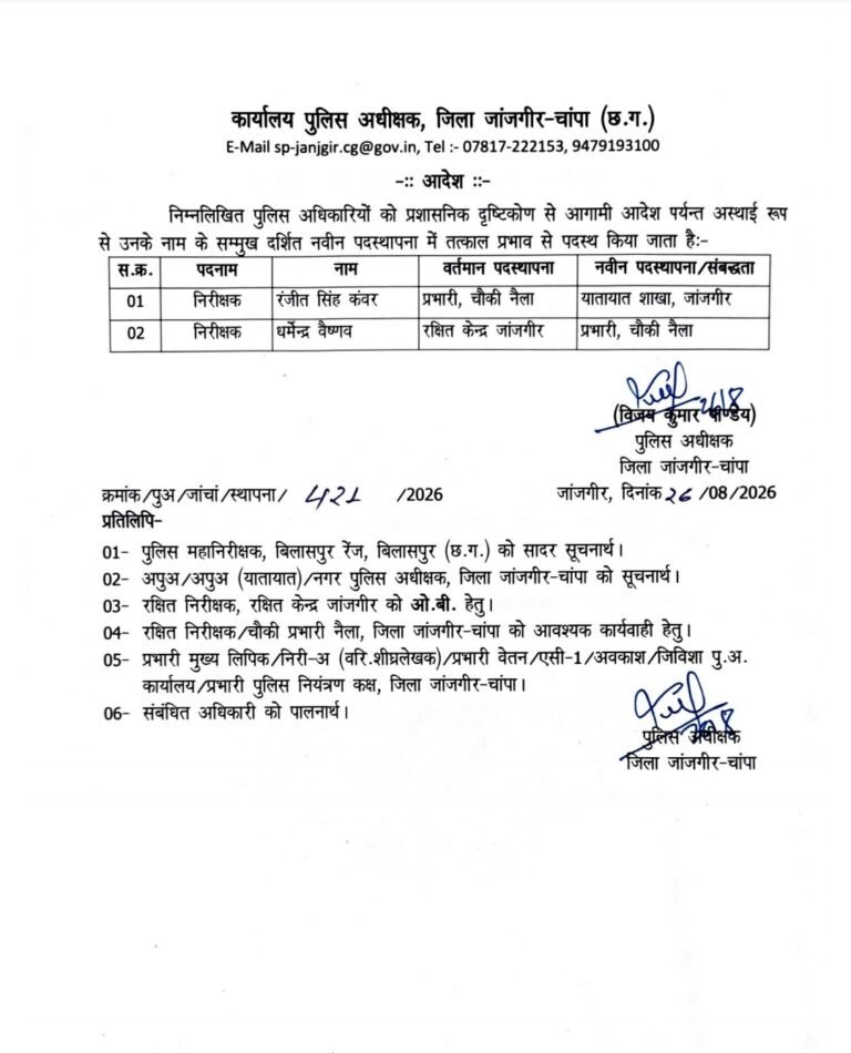 जांजगीर-चांपा पुलिस में फेरबदल: दो निरीक्षकों की नवीन पदस्थापना