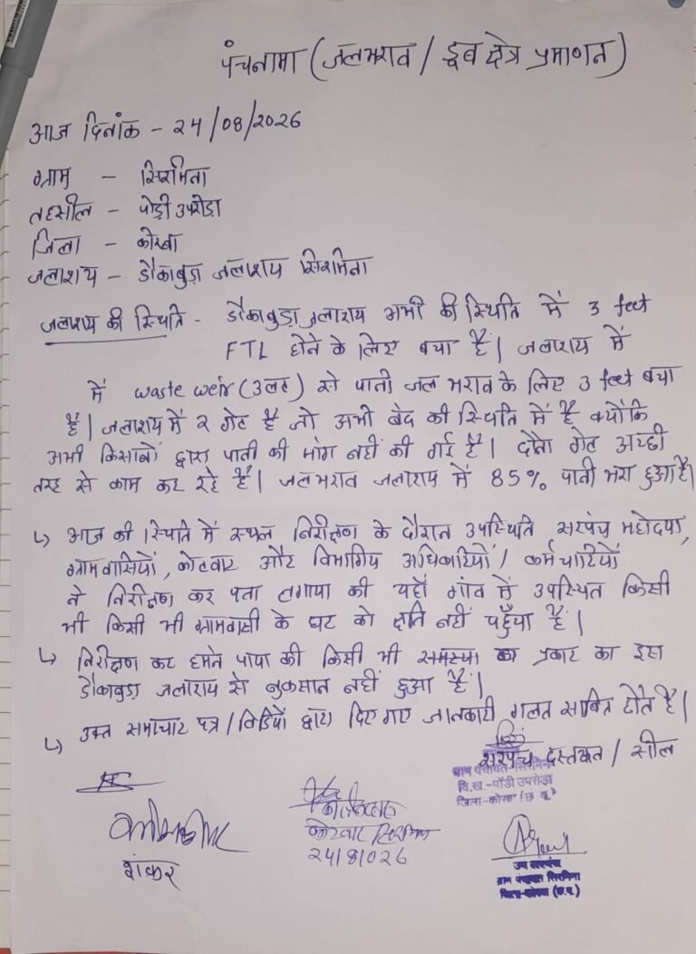 KORßA:-डोंगाकुड़ा जलाशय में 85 प्रतिशत जलभराव, निरीक्षण टीम ने लिया जायजा