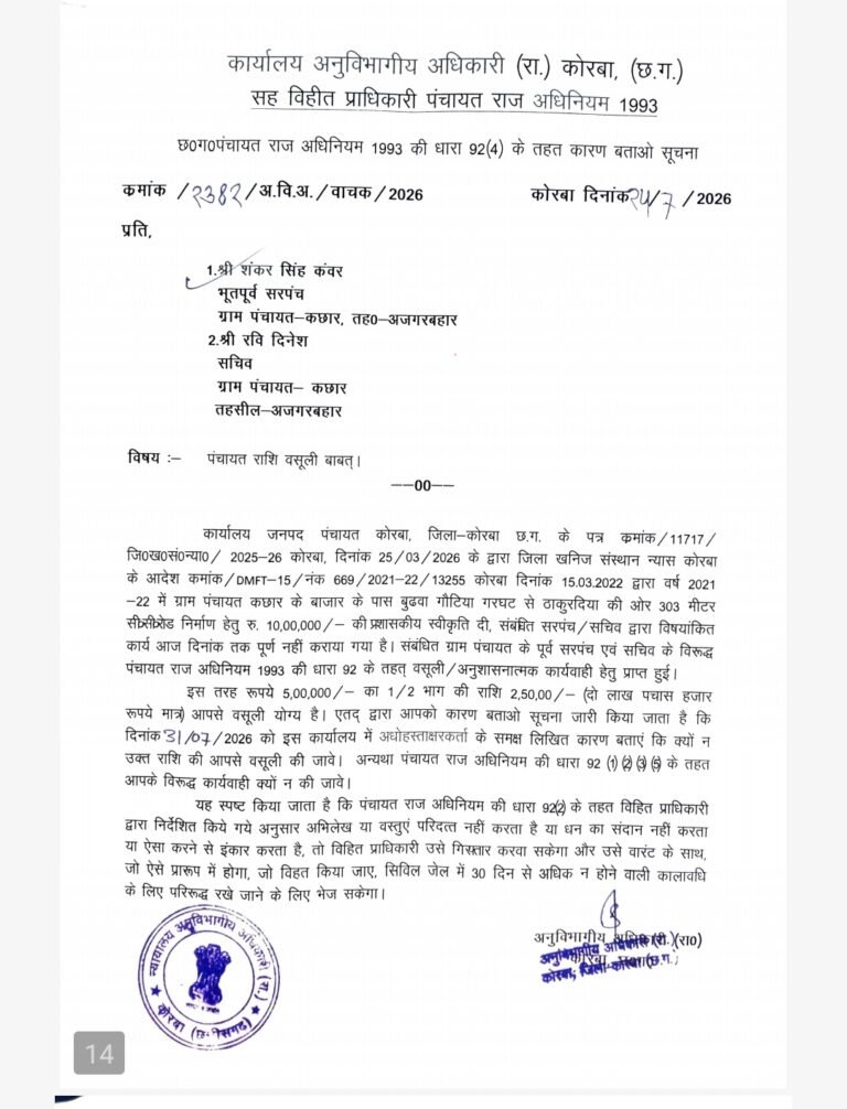 KORBA:-पूर्व सरपंच और सचिव को कारण बताओ नोटिस, राशि जमा नहीं करने पर 30 दिन तक सिविल जेल भेजने की चेतावनी