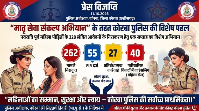 KORBA:-मातृ सेवा संकल्प अभियान के तहत कोरबा पुलिस की विशेष पहल……नवरात्रि पूर्व महिला पीड़ितों के 328 लंबित मामलों में 262 का निराकरण, 55 में FIR दर्ज